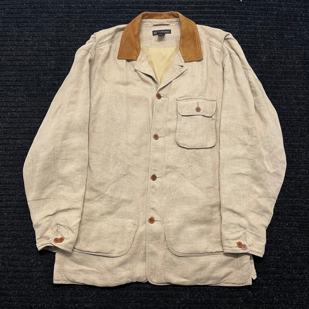 Banana Republic Mens Linen Safari Field Jacket Leather Collar Beige Tan Medium